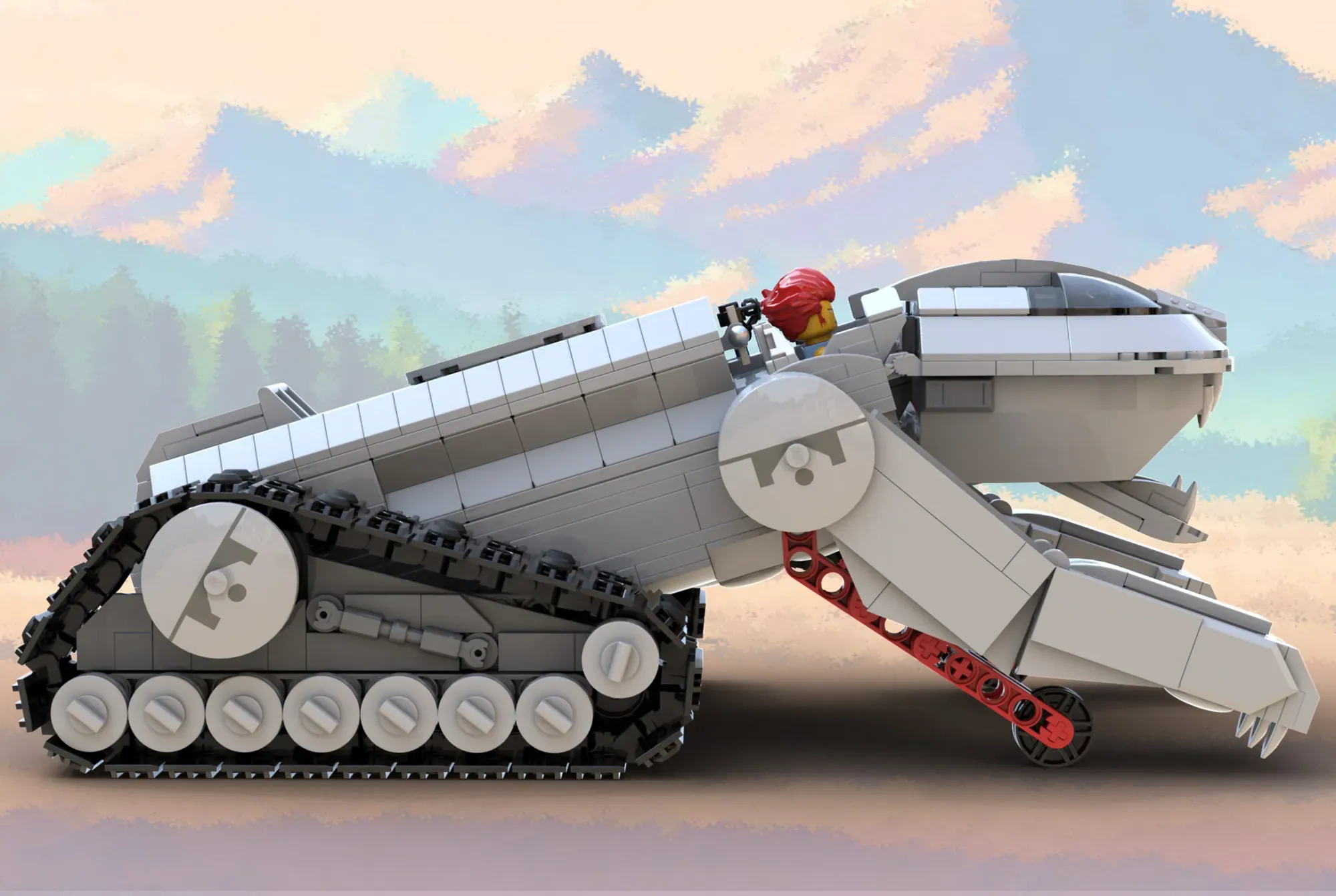 LEGO Thundertank with treads, solar panels, and red accents against cloudy sky backdrop.