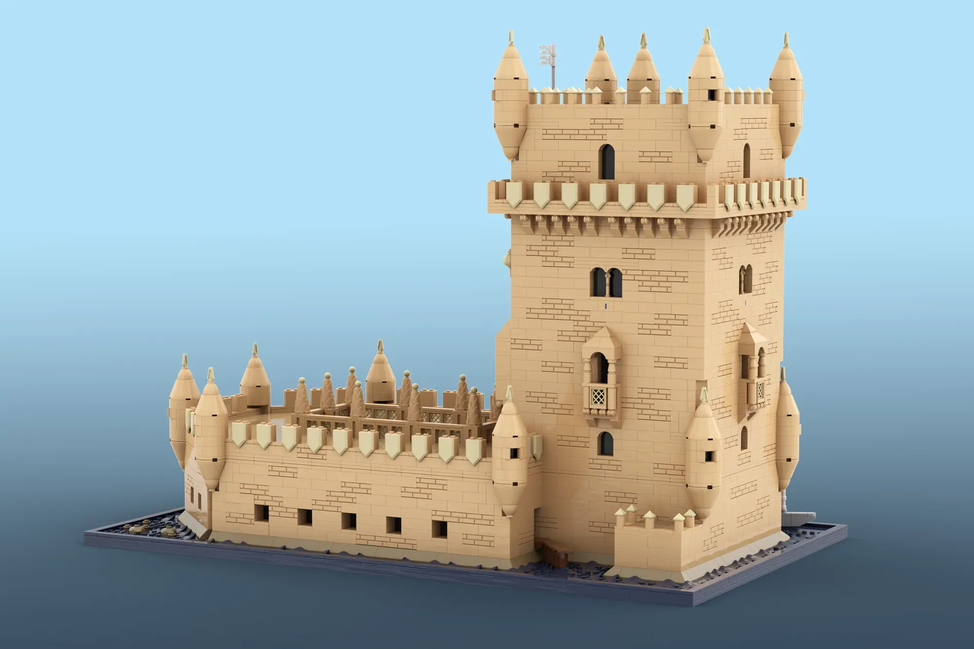 LEGO model of Torre de Belém tower with detailed stone brick facade, multiple turrets, and architectural features on blue …