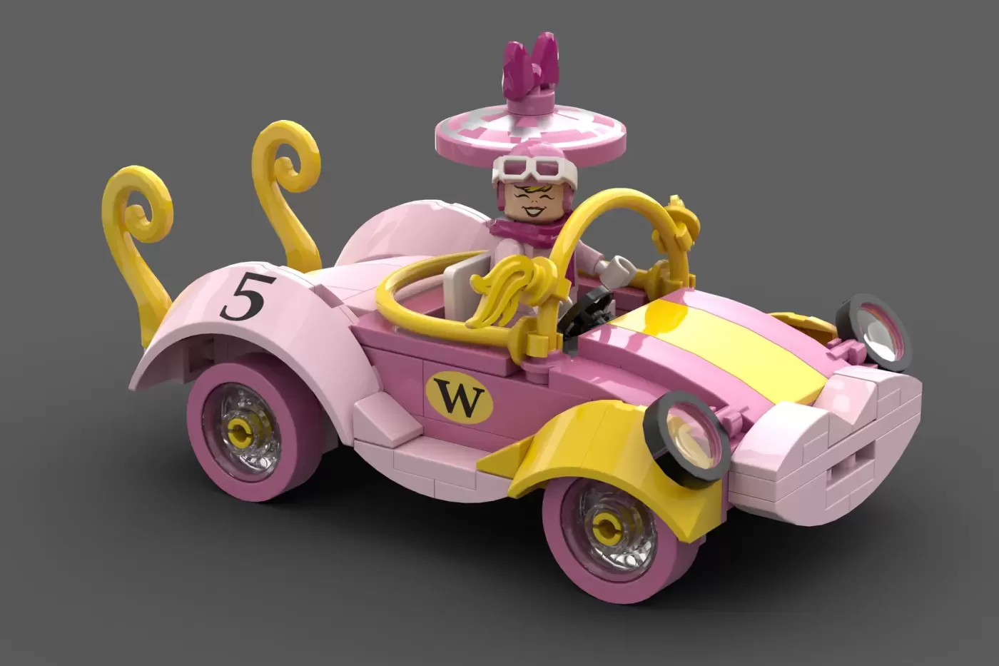 LEGO Wacky Races Penelope Pitstop's pink and yellow car with minifigure and decorative elements.