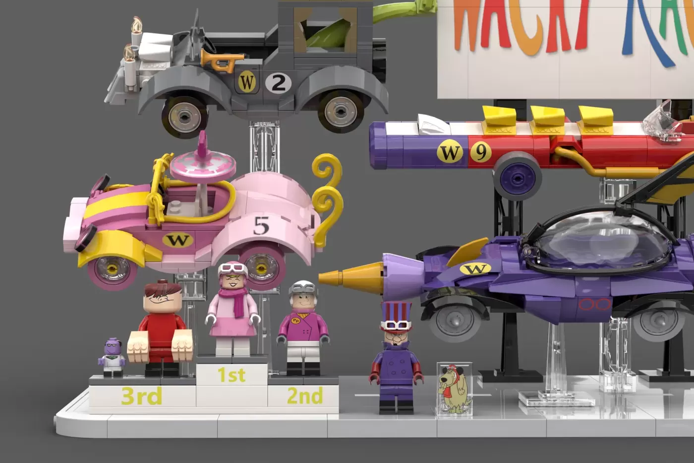 LEGO Wacky Races set featuring three cartoon cars with minifigures on a podium display.