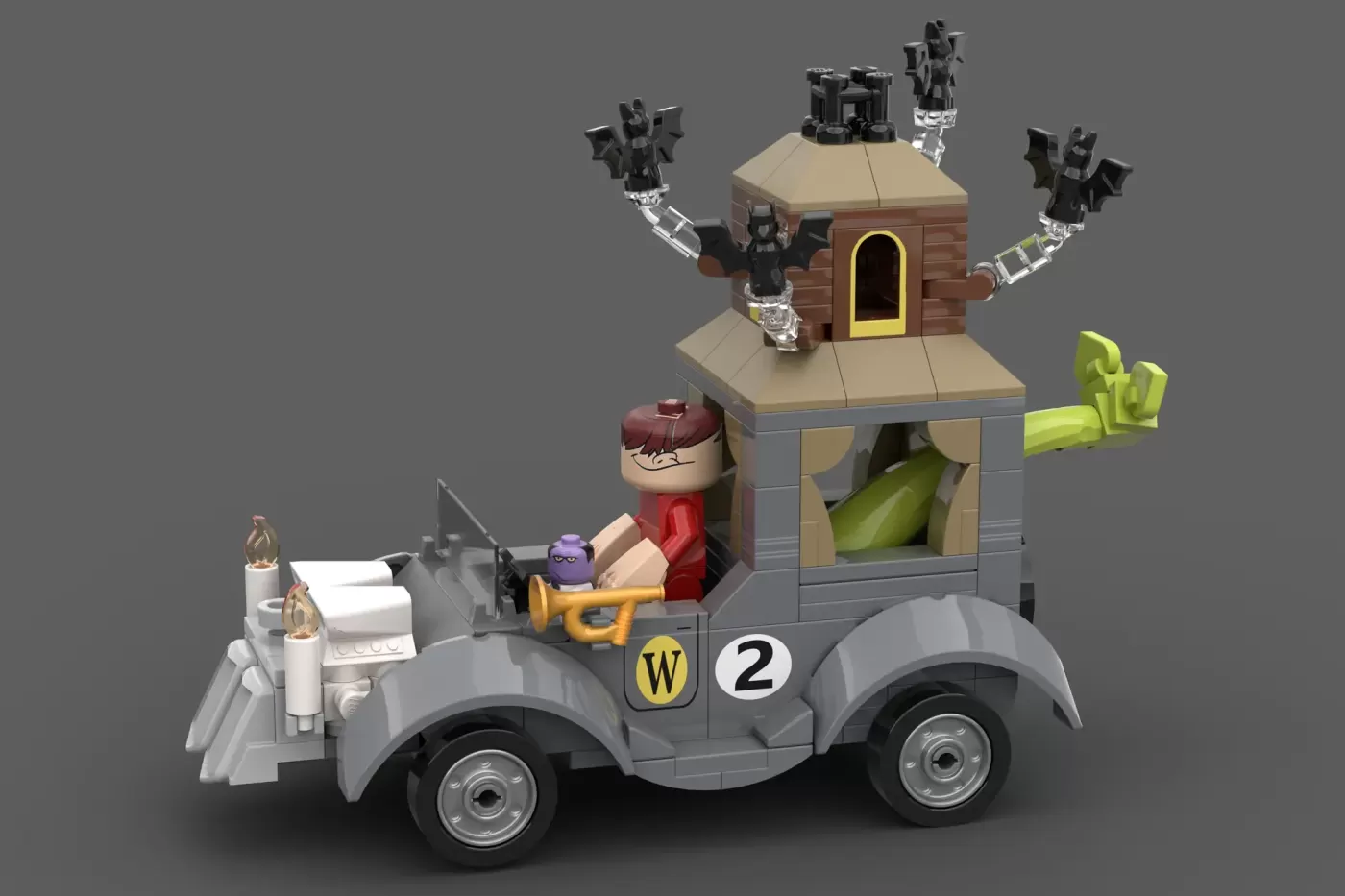 LEGO Wacky Races Compact Pussycat car with purple minifigure, tower structure, and bat-wing decorations.