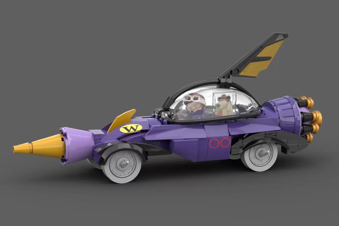Purple LEGO Wacky Races car with yellow wings, missiles, and dome cockpit, featuring minifigure driver.