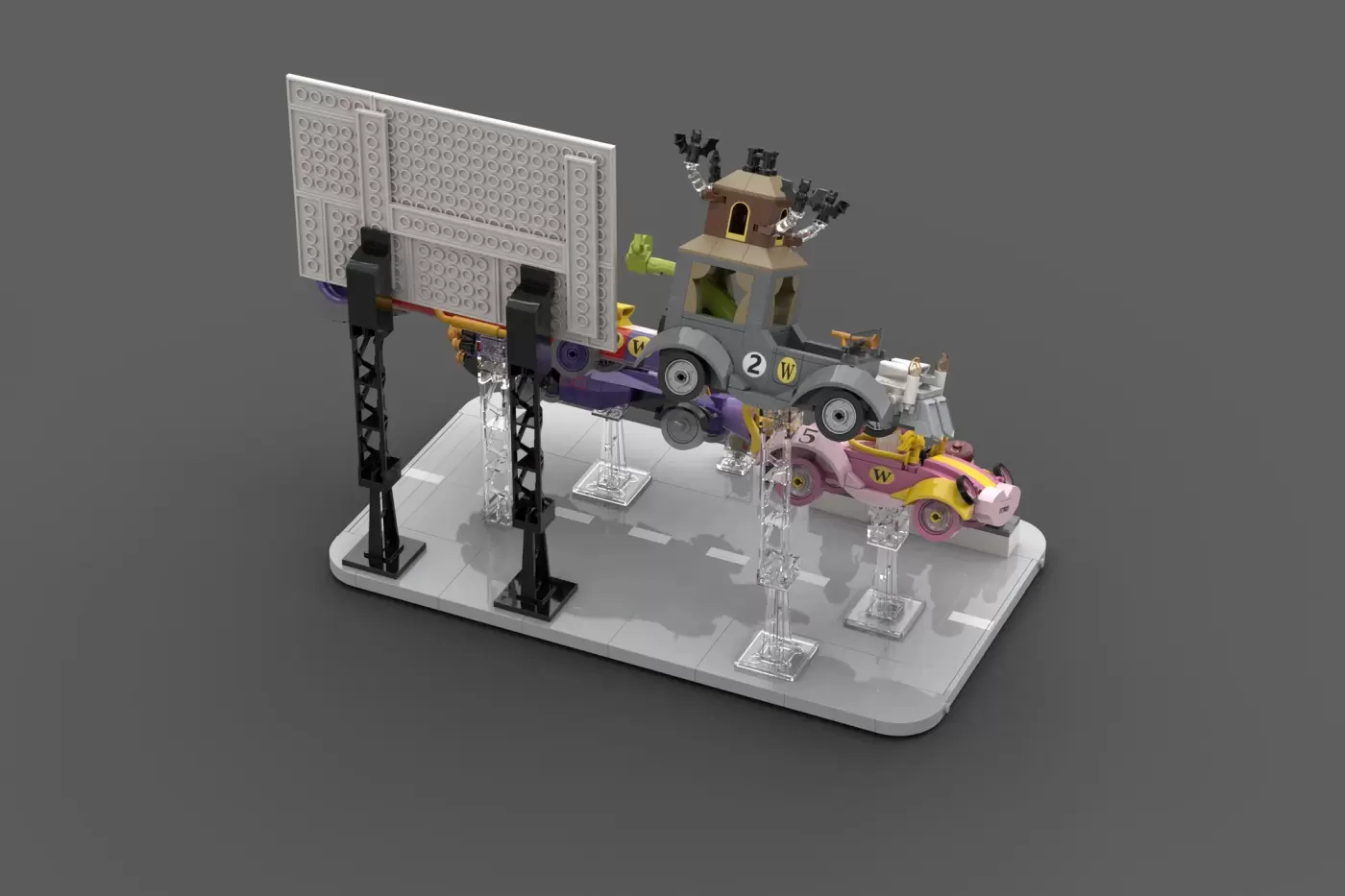 LEGO Wacky Races set with four cartoon cars, scoreboard, and launch platform on white baseplate.