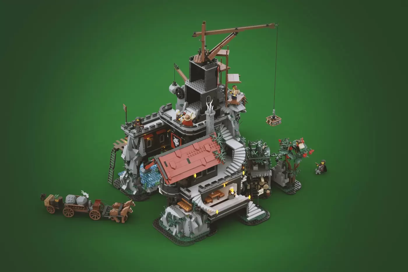 LEGO Wolfpack Fanghold castle with stone wolf head, tower crane, minifigures, and supply wagons on green background.