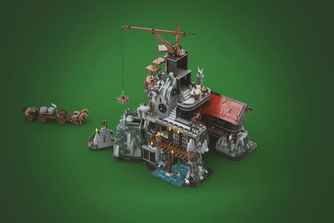 LEGO castle set built into giant stone wolf head with red ship, wooden dock, crane, and minifigures on green background.