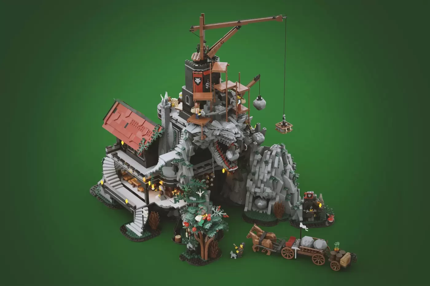 Elaborate LEGO castle built into a giant stone wolf head, featuring wooden structures, crane, minifigures, and supply cart.