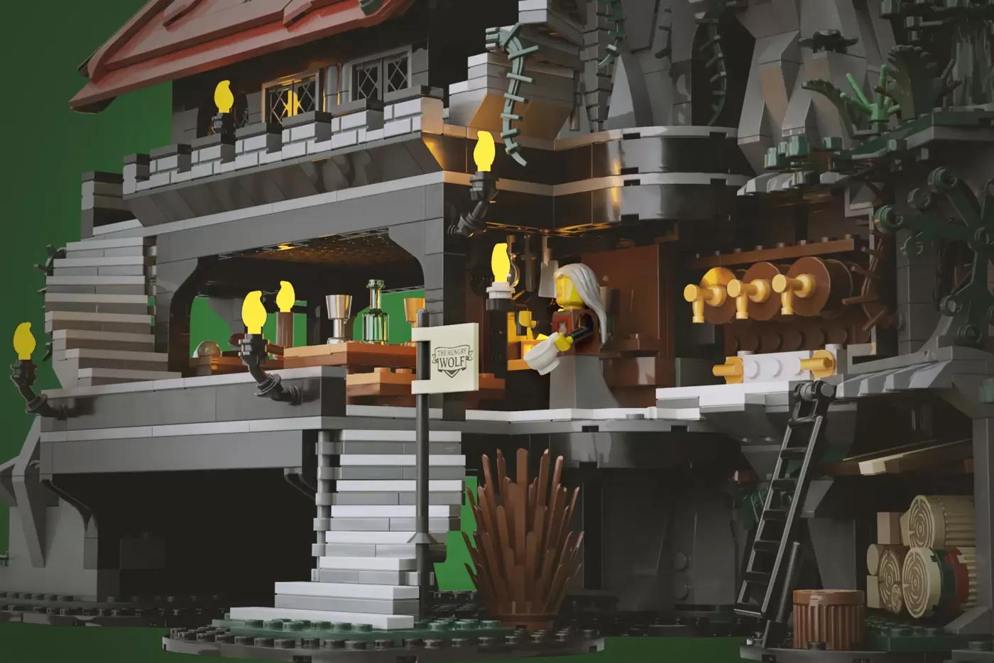 LEGO Wolfpack Fanghold castle interior with minifigures, tavern bar, yellow lamps, wooden details, and stone architecture …