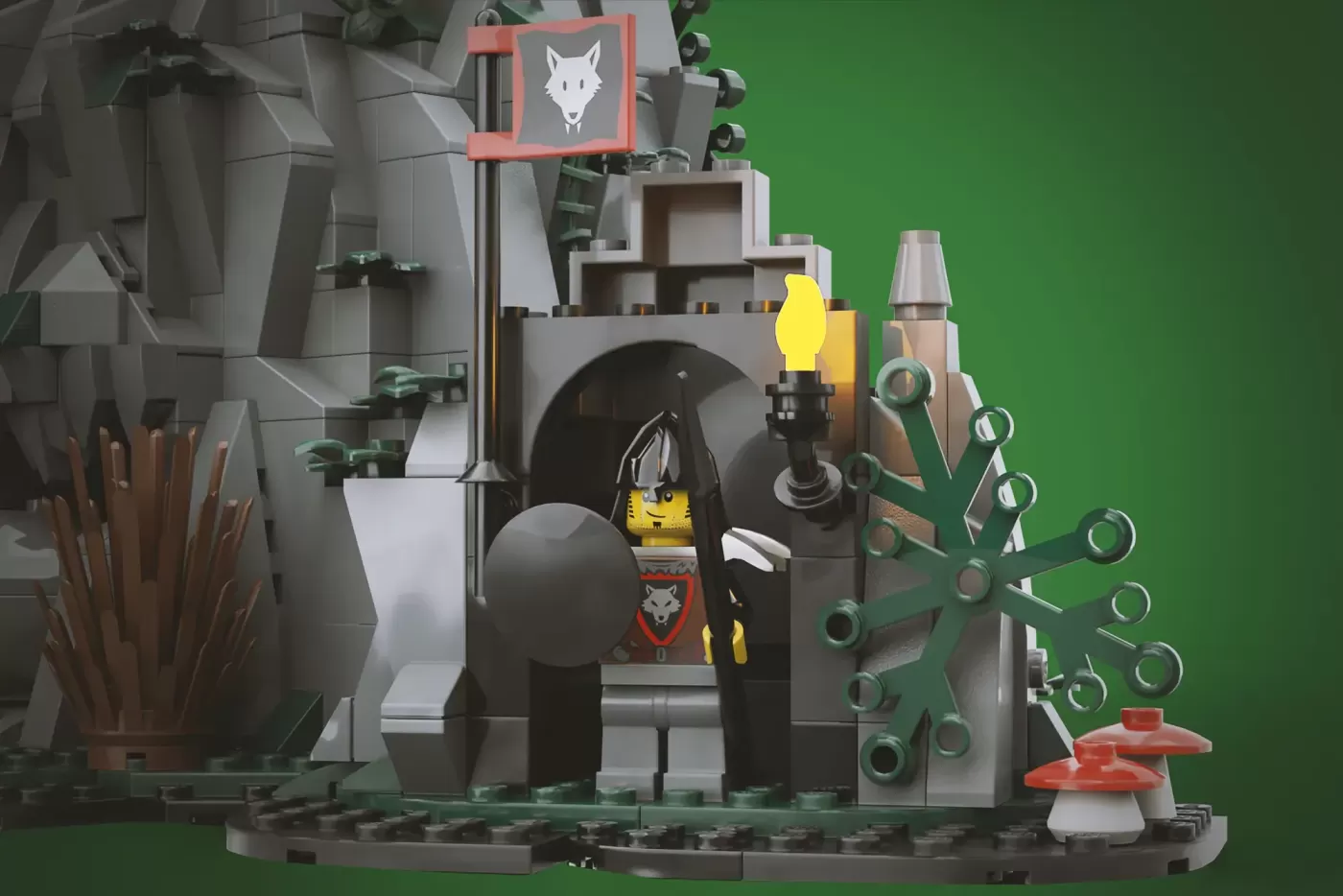 LEGO castle interior with wolf emblem, featuring minifigure, torches, weapons rack, and green ivy on stone architecture.